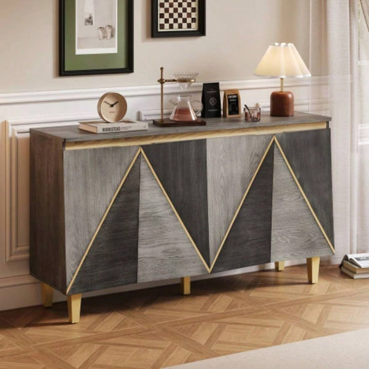 TREXM 60 Retro Buffet Cabinet with Storage, 4 - Door Vintage Sideboard Cabinet with Dimensional Effect Doors and Adjustable Shelves Dining Room, Kitchen, and Living Room Light and Dark Gray