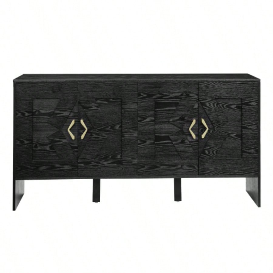 60 Mid Modern Sideboard Buffet Cabinet with Storage, TV Media Console, Storage Cabinet with Geometric Pattern Adjustable Shelves Kitchen Dining Living Room Entryway Hallway, Black