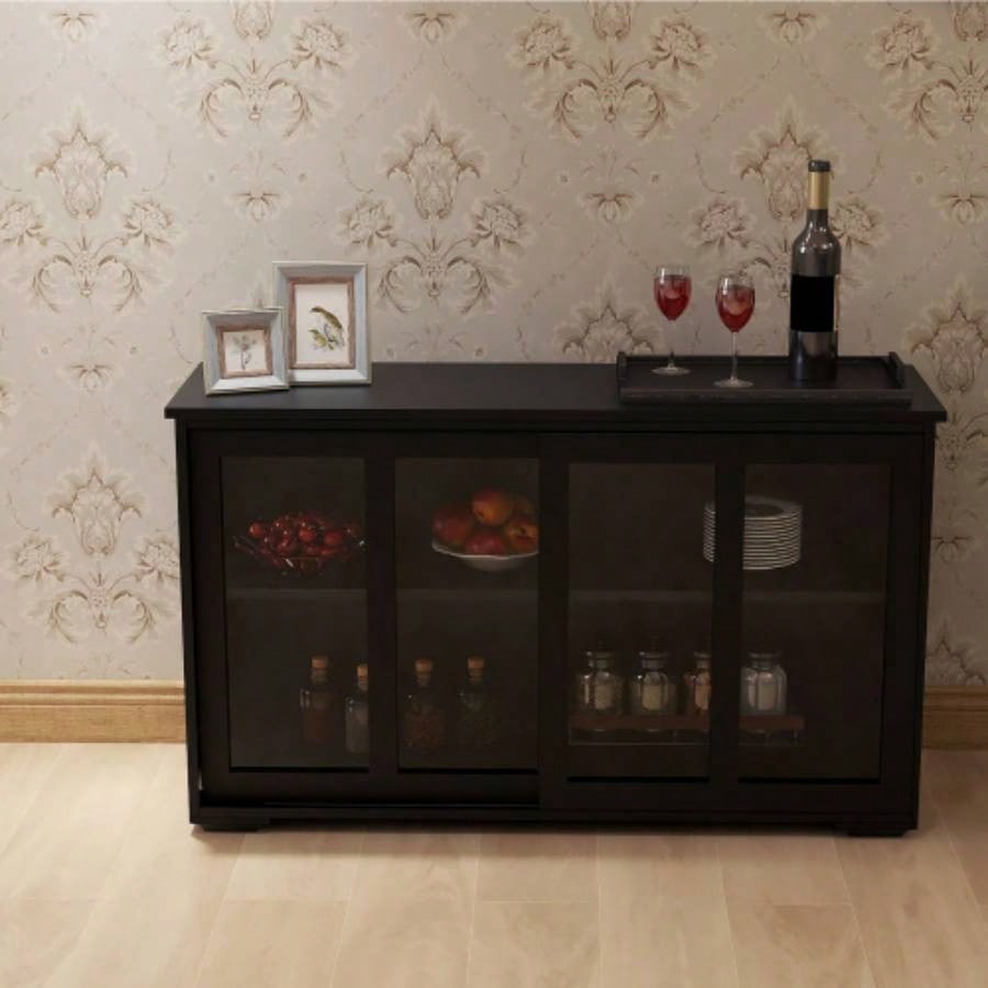 Kitchen Storage Stand Cupboard With Glass Door - Black