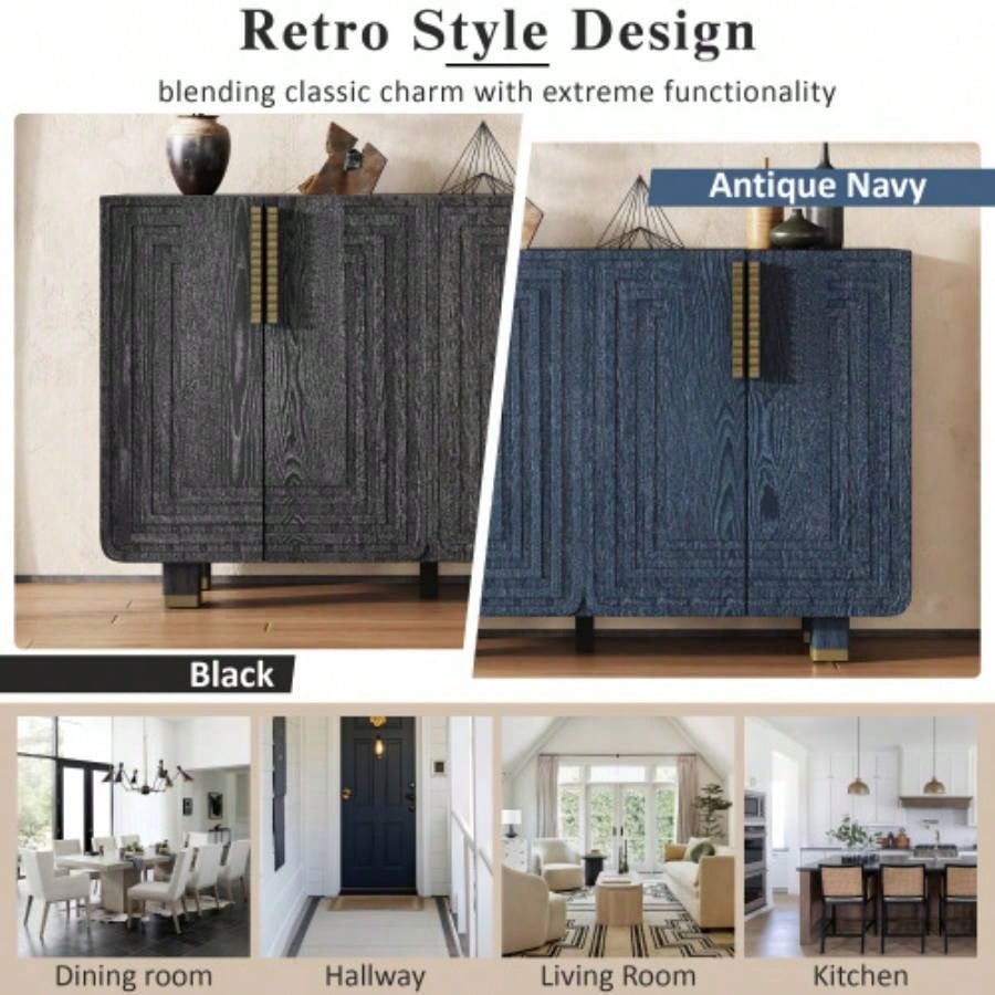 TREXM 54 Retro Buffet Cabinet with Storage, 4 - Door Vintage Fluted Sideboard Cabinet with Adjustable Shelves Dining Room, Kitchen, and Living Room Antique Navy