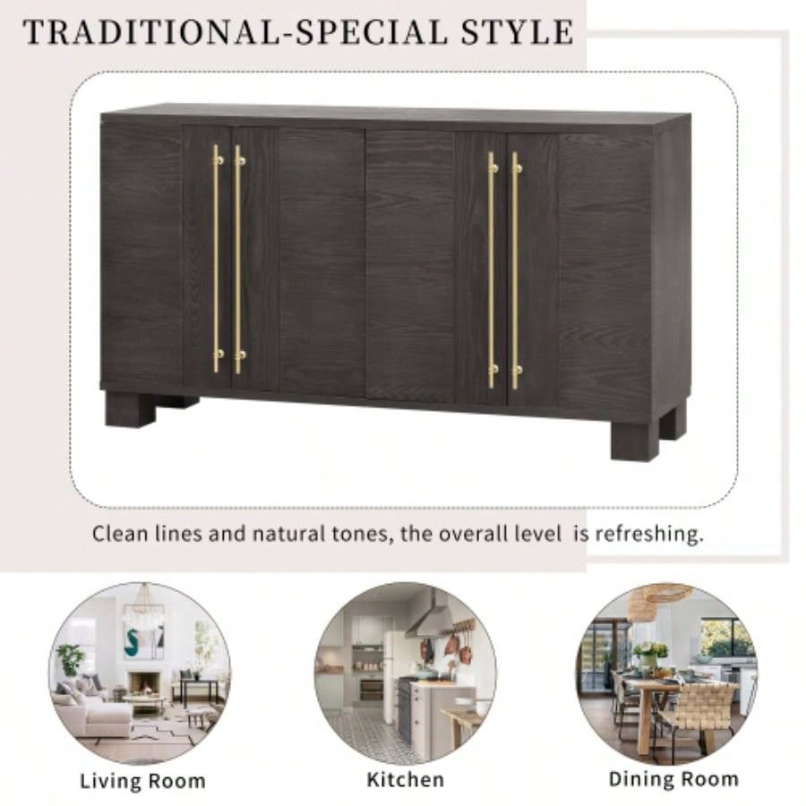 TREXM Sideboard Buffet Cabinet with Storage, Wood Sideboard with Adjustable Shelves and Gold Handles Kitchen, Dining Room and Living Room Taupe