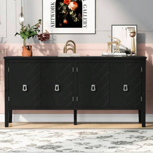 USTYLE 63 - Inch Four - Door Sideboard - Geometric Patterned Design with Vintage Metal Handles, Narrow Entryway Table Living Room, Foyer, and Hallway
