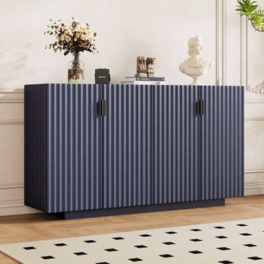 TREXM Buffet Cabinet with Storage, Sideboard Cabinet with Ample Storage Space, 4 Fluted Doors Credenza Storage Cabinet with Adjustable Shelves Dining Room and Living Room ANTIQUE NAVY