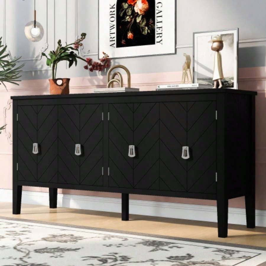 USTYLE 63 - Inch Four - Door Sideboard - Geometric Patterned Design with Vintage Metal Handles, Narrow Entryway Table Living Room, Foyer, and Hallway