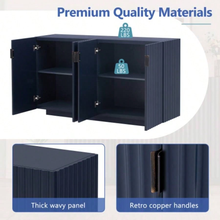 TREXM Buffet Cabinet with Storage, Sideboard Cabinet with Ample Storage Space, 4 Fluted Doors Credenza Storage Cabinet with Adjustable Shelves Dining Room and Living Room ANTIQUE NAVY