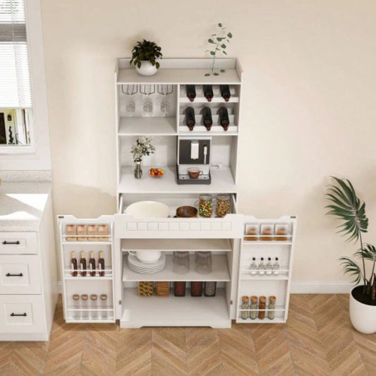White Buffet Cabinet with Hutch - Modern Farmhouse Kitchen Storage Sideboard with 2 Drawers Barn Doors, Coffee Bar Station or Liquor Cabinet Dining Room, Living Room
