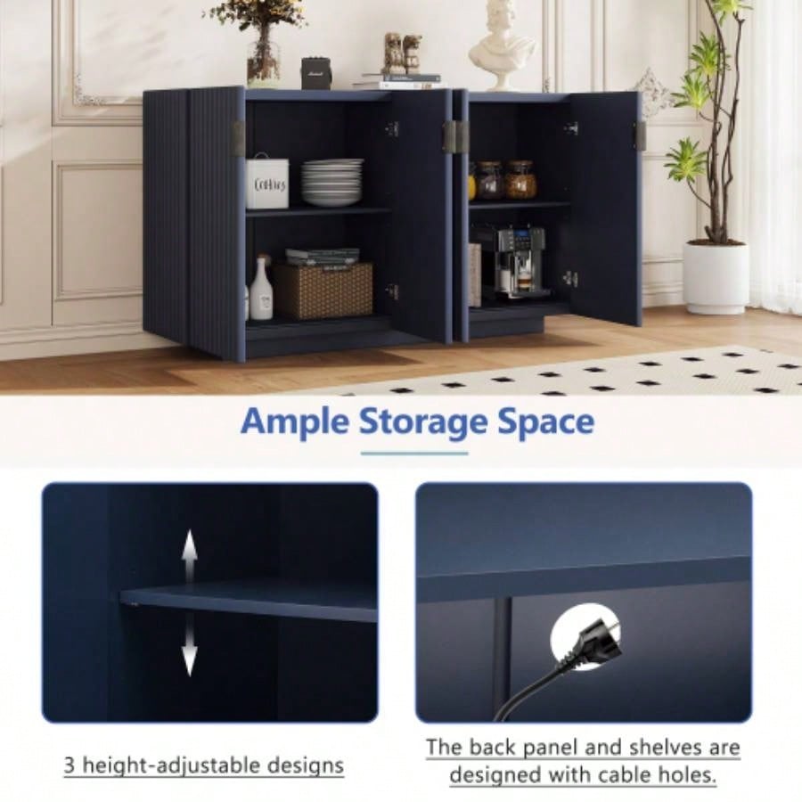 TREXM Buffet Cabinet with Storage, Sideboard Cabinet with Ample Storage Space, 4 Fluted Doors Credenza Storage Cabinet with Adjustable Shelves Dining Room and Living Room ANTIQUE NAVY