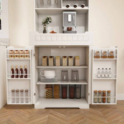 White Buffet Cabinet with Hutch - Modern Farmhouse Kitchen Storage Sideboard with 2 Drawers Barn Doors, Coffee Bar Station or Liquor Cabinet Dining Room, Living Room