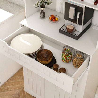 White Buffet Cabinet with Hutch - Modern Farmhouse Kitchen Storage Sideboard with 2 Drawers Barn Doors, Coffee Bar Station or Liquor Cabinet Dining Room, Living Room