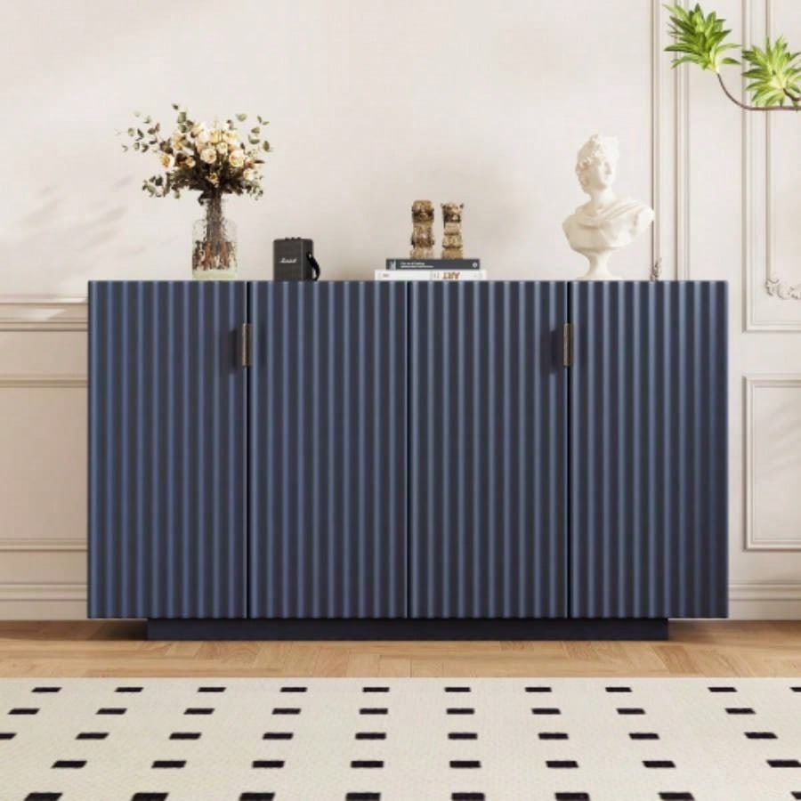 TREXM Buffet Cabinet with Storage, Sideboard Cabinet with Ample Storage Space, 4 Fluted Doors Credenza Storage Cabinet with Adjustable Shelves Dining Room and Living Room ANTIQUE NAVY