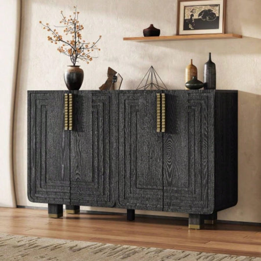 TREXM 54 Retro Buffet Cabinet with Storage, 4 - Door Vintage Fluted Sideboard Cabinet with Adjustable Shelves Dining Room, Kitchen, and Living Room Black