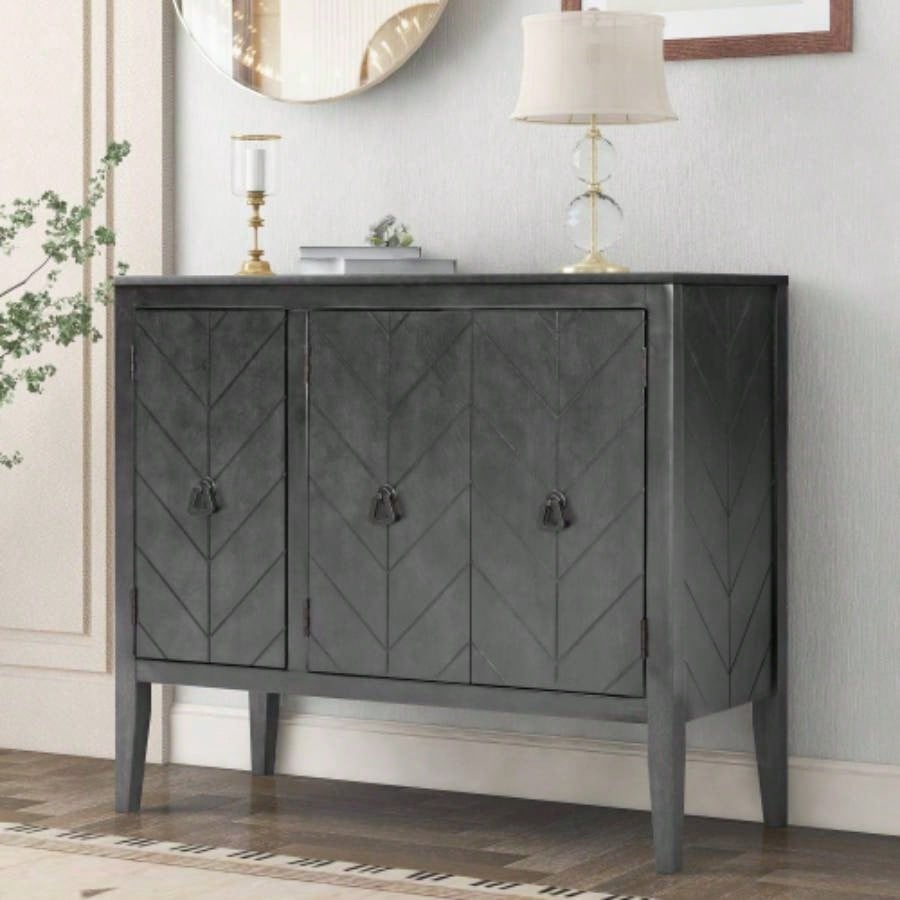 USTYLE Adjustable Shelf Storage Sideboard with 3 Retro Metal Handles and 4 Pinewood, Entryway, Living Room, Study Room, Dining Room