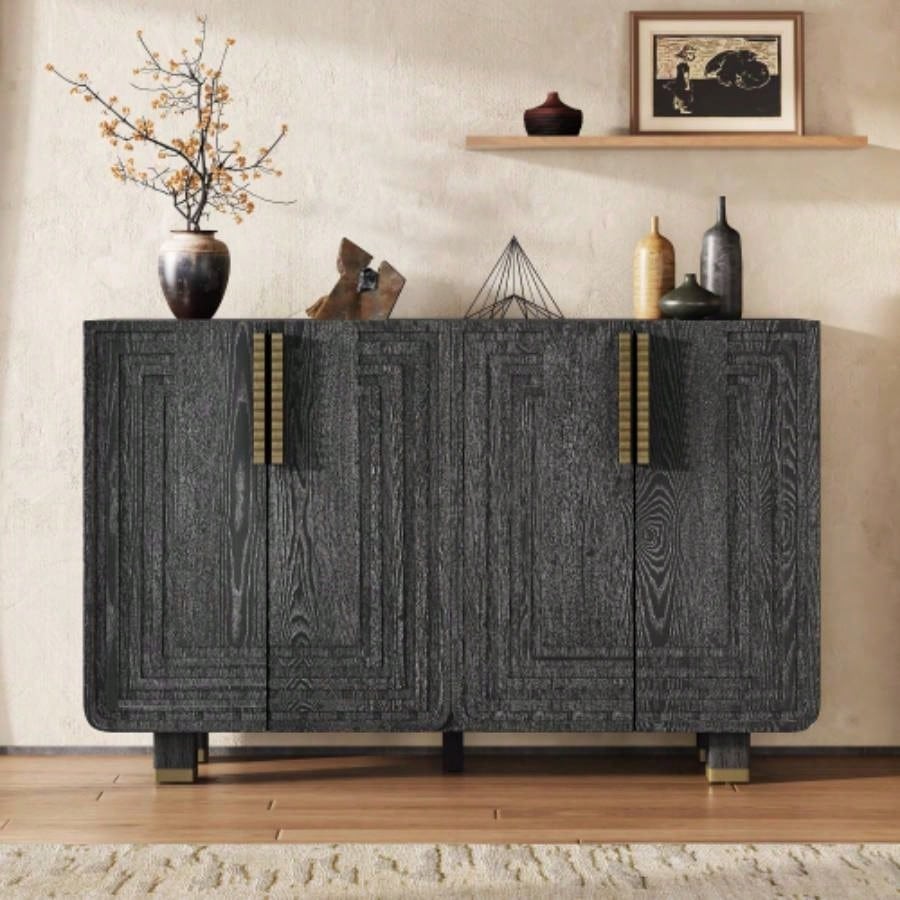 TREXM 54 Retro Buffet Cabinet with Storage, 4 - Door Vintage Fluted Sideboard Cabinet with Adjustable Shelves Dining Room, Kitchen, and Living Room Black