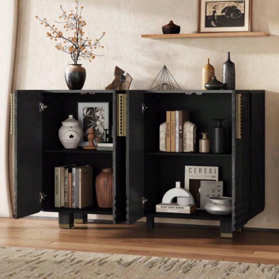 TREXM 54 Retro Buffet Cabinet with Storage, 4 - Door Vintage Fluted Sideboard Cabinet with Adjustable Shelves Dining Room, Kitchen, and Living Room Black