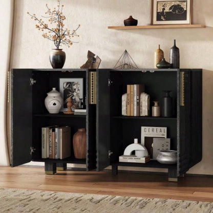TREXM 54 Retro Buffet Cabinet with Storage, 4 - Door Vintage Fluted Sideboard Cabinet with Adjustable Shelves Dining Room, Kitchen, and Living Room Black