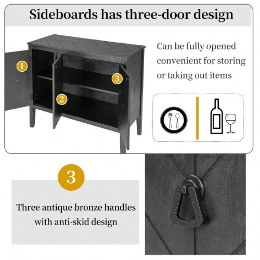 USTYLE Adjustable Shelf Storage Sideboard with 3 Retro Metal Handles and 4 Pinewood, Entryway, Living Room, Study Room, Dining Room