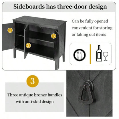USTYLE Adjustable Shelf Storage Sideboard with 3 Retro Metal Handles and 4 Pinewood, Entryway, Living Room, Study Room, Dining Room