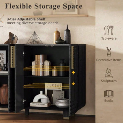 TREXM 54 Retro Buffet Cabinet with Storage, 4 - Door Vintage Fluted Sideboard Cabinet with Adjustable Shelves Dining Room, Kitchen, and Living Room Black