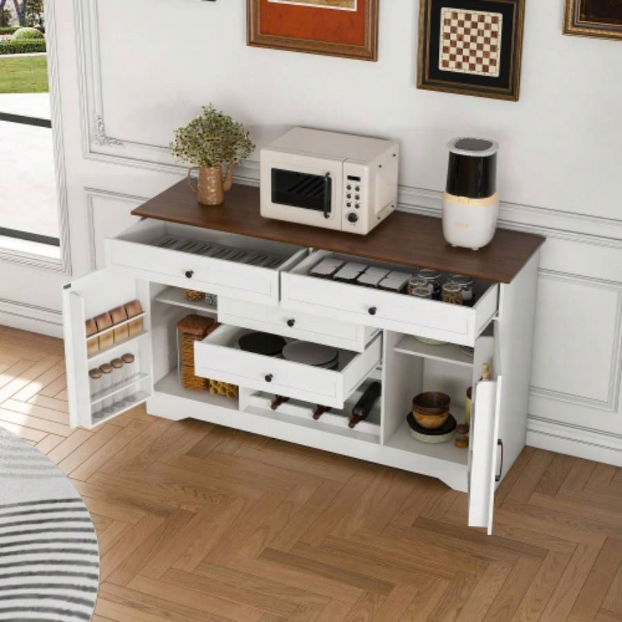 54 Farmhouse Buffet Sideboard with Storage Cabinet Adjustable Shelf - Wood Top Dining Table with Drawer, Kitchen Storage Cabinet Dining Room, Living Room, White