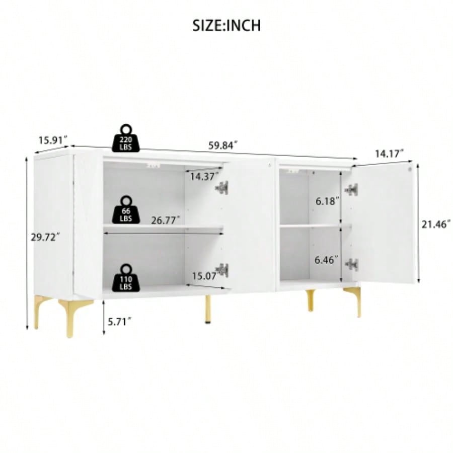 Buffet Cabinet with Storage, Wood Sideboard Cabinet with Carved Door Panels, 4 Doors modern aesthetic Storage Cabinet with Adjustable Shelves Living Room, Kitchen White