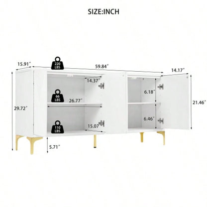 Buffet Cabinet with Storage, Wood Sideboard Cabinet with Carved Door Panels, 4 Doors modern aesthetic Storage Cabinet with Adjustable Shelves Living Room, Kitchen White
