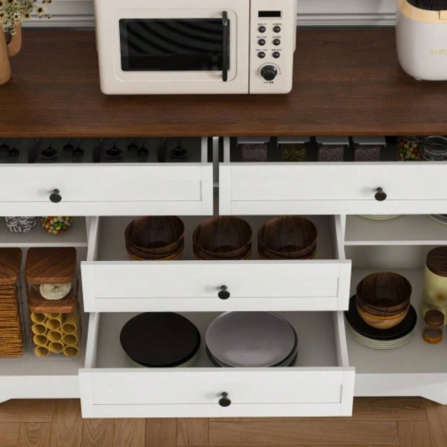 54 Farmhouse Buffet Sideboard with Storage Cabinet Adjustable Shelf - Wood Top Dining Table with Drawer, Kitchen Storage Cabinet Dining Room, Living Room, White