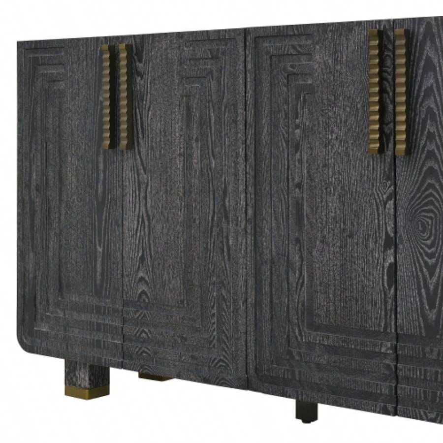 TREXM 54 Retro Buffet Cabinet with Storage, 4 - Door Vintage Fluted Sideboard Cabinet with Adjustable Shelves Dining Room, Kitchen, and Living Room Black