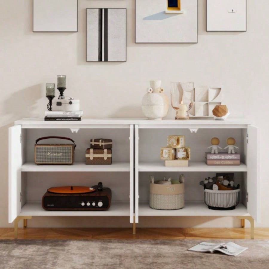 Buffet Cabinet with Storage, Wood Sideboard Cabinet with Carved Door Panels, 4 Doors modern aesthetic Storage Cabinet with Adjustable Shelves Living Room, Kitchen White