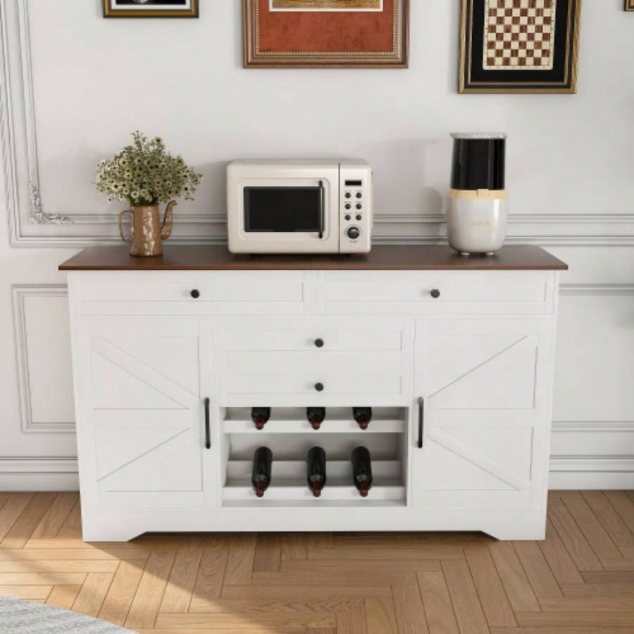 54 Farmhouse Buffet Sideboard with Storage Cabinet Adjustable Shelf - Wood Top Dining Table with Drawer, Kitchen Storage Cabinet Dining Room, Living Room, White
