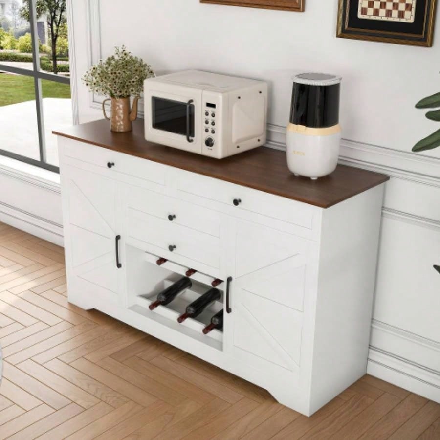 54 Farmhouse Buffet Sideboard with Storage Cabinet Adjustable Shelf - Wood Top Dining Table with Drawer, Kitchen Storage Cabinet Dining Room, Living Room, White