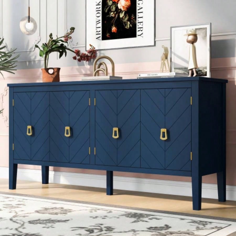 USTYLE 63 - Inch Four - Door Sideboard - Geometric Patterned Design with Vintage Metal Handles, Narrow Entryway Table Living Room, Foyer, and Hallway