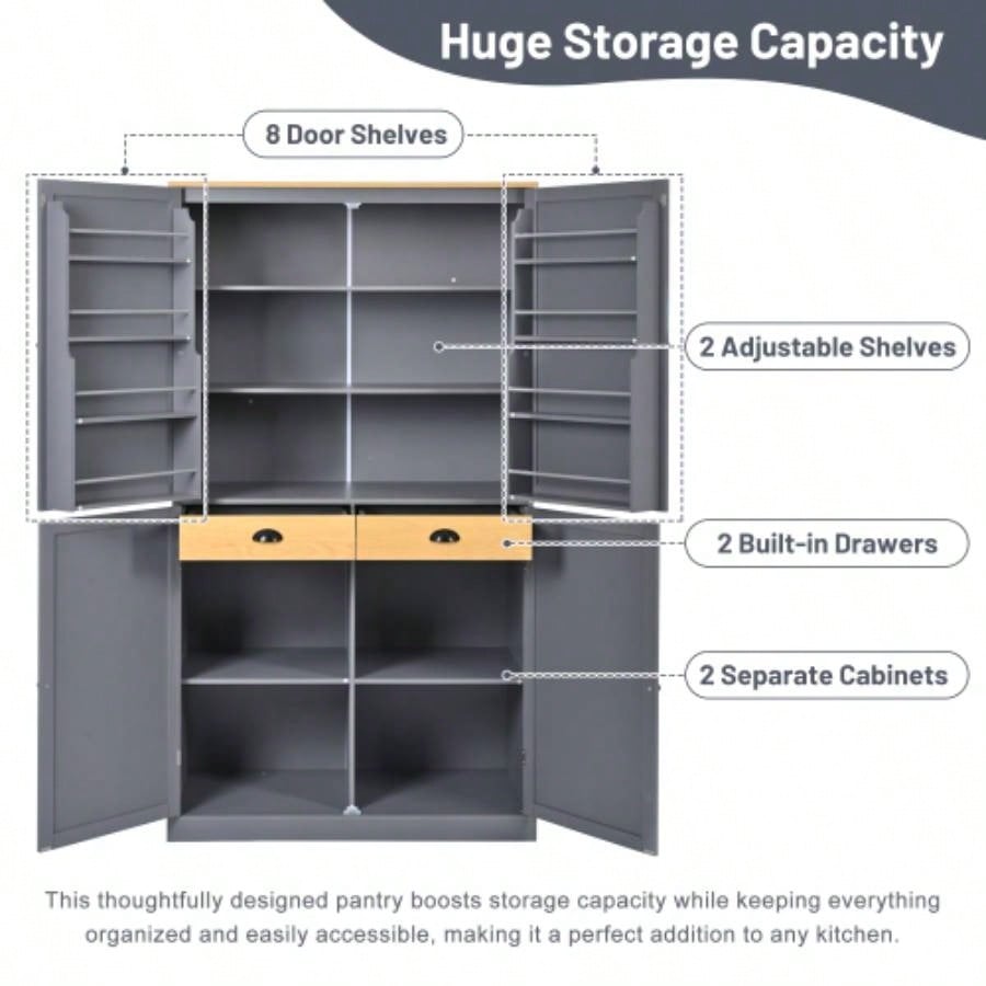 Assembly Video ProvidedTOPMAX 40.2x20x71.3inch High Freestanding Kitchen Pantry Large Cupboard Storage Cabinet with 2 Drawers, 2 Adjustable Shelves, 8 Door Shelves Kitchen, Dining Room, Gray