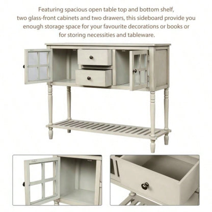 TREXM Sideboard Console Table with Bottom Shelf, Farmhouse Wood/Glass Buffet Storage Cabinet Living Room Antique