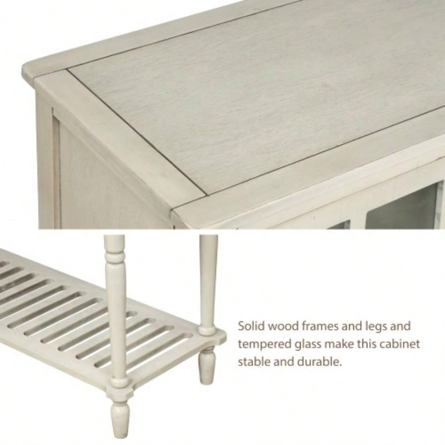 TREXM Sideboard Console Table with Bottom Shelf, Farmhouse Wood/Glass Buffet Storage Cabinet Living Room Antique