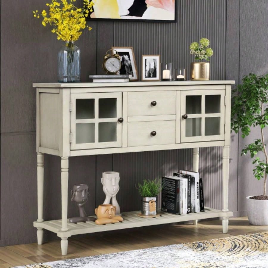 TREXM Sideboard Console Table with Bottom Shelf, Farmhouse Wood/Glass Buffet Storage Cabinet Living Room Antique