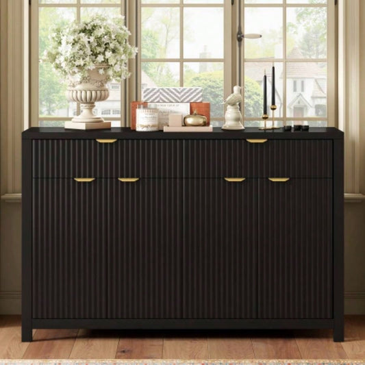 Modern Wave - Pattern Sideboard Cabinet with 2 Drawers and 4 Doors, 3 - Level Adjustable Shelves, Aluminum Handles, Scandinavian Style, 3 Colors, Suitable Entryway, Living Room, Foyer