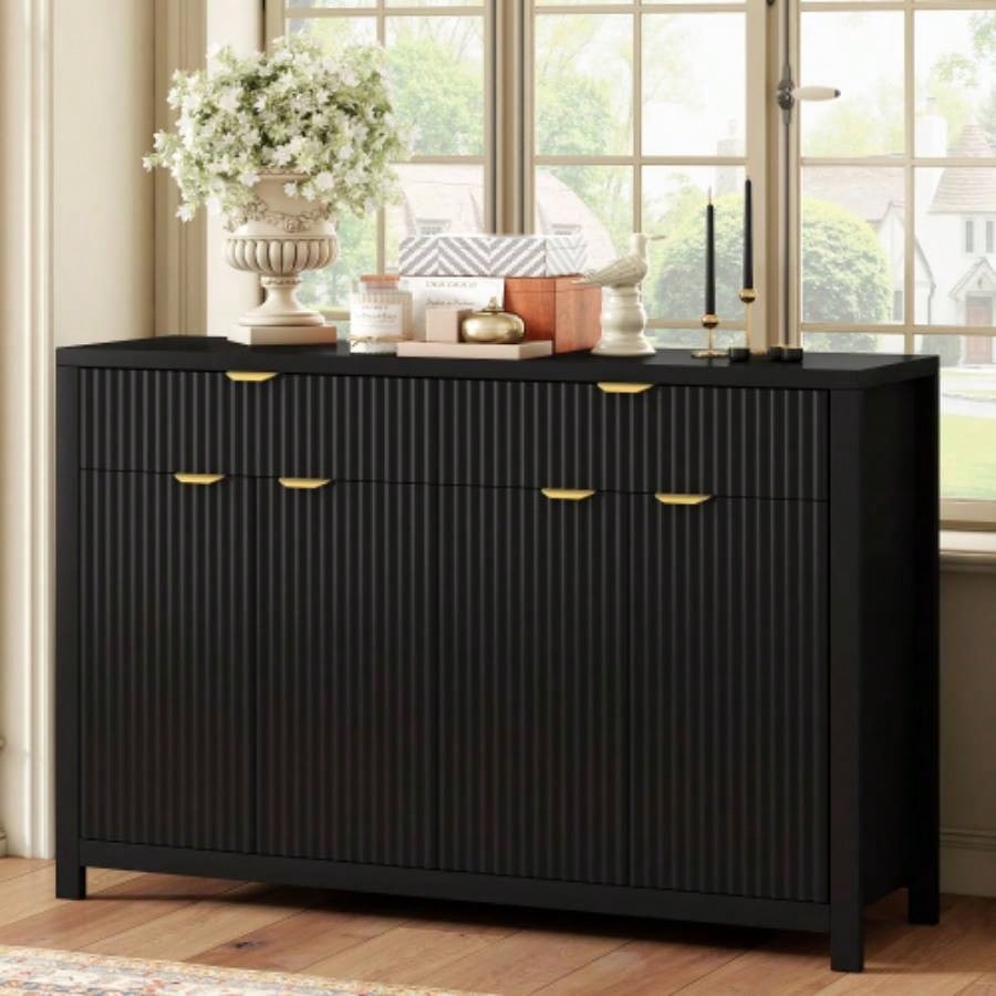 Modern Wave - Pattern Sideboard Cabinet with 2 Drawers and 4 Doors, 3 - Level Adjustable Shelves, Aluminum Handles, Scandinavian Style, 3 Colors, Suitable Entryway, Living Room, Foyer