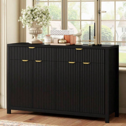 Modern Wave - Pattern Sideboard Cabinet with 2 Drawers and 4 Doors, 3 - Level Adjustable Shelves, Aluminum Handles, Scandinavian Style, 3 Colors, Suitable Entryway, Living Room, Foyer