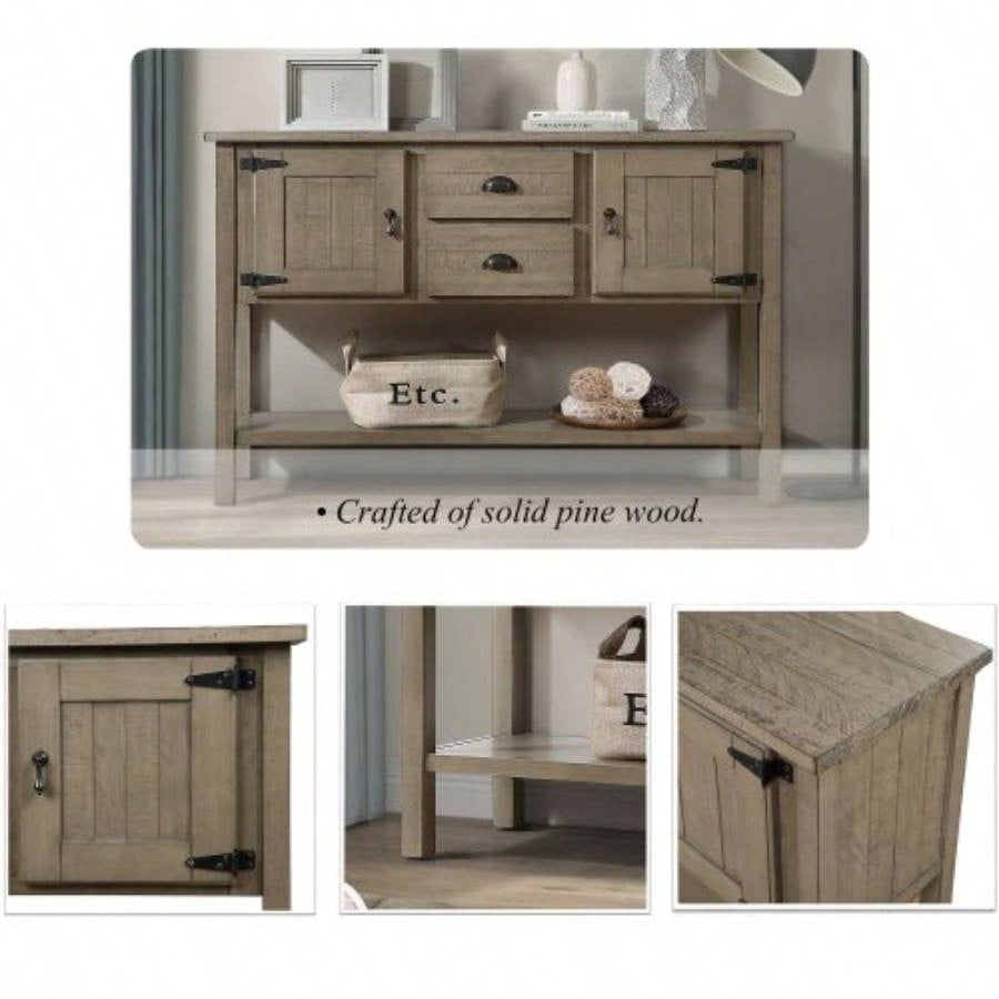 48 Solid Wood Sideboard Console Table with 2 Drawers and Cabinets and Bottom Shelf, Retro Style Storage Dining Buffet Server Cabinet Living Room Kitchen Dining RoomRustic
