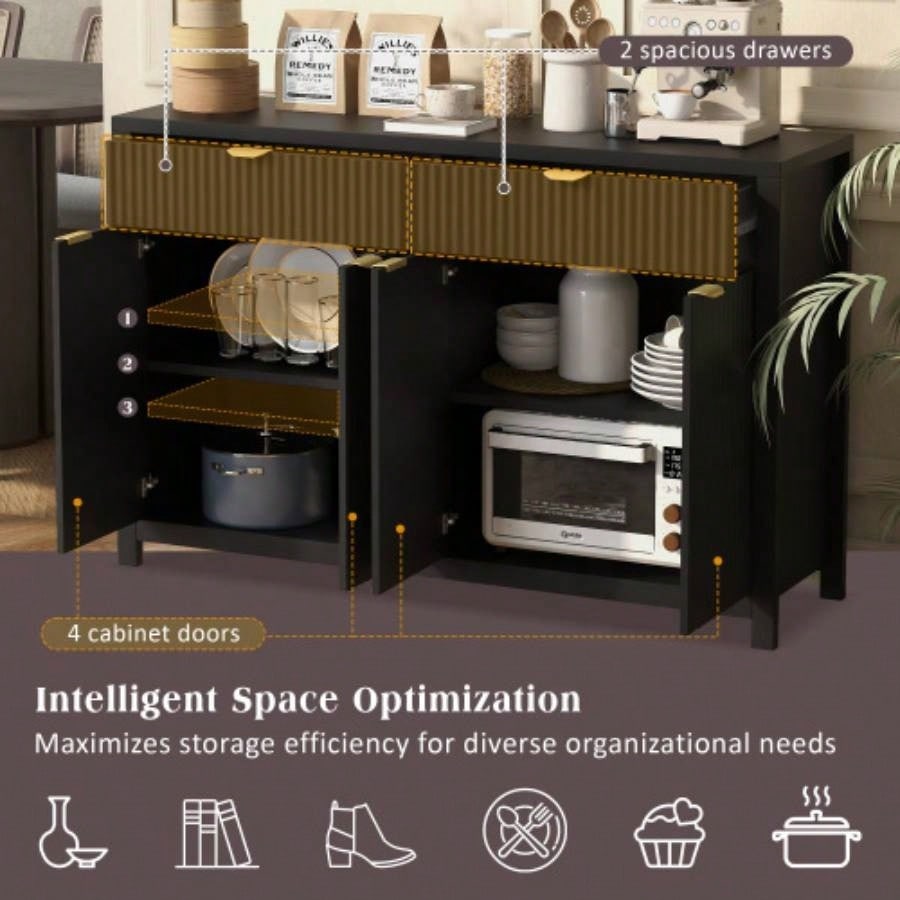 Modern Wave - Pattern Sideboard Cabinet with 2 Drawers and 4 Doors, 3 - Level Adjustable Shelves, Aluminum Handles, Scandinavian Style, 3 Colors, Suitable Entryway, Living Room, Foyer