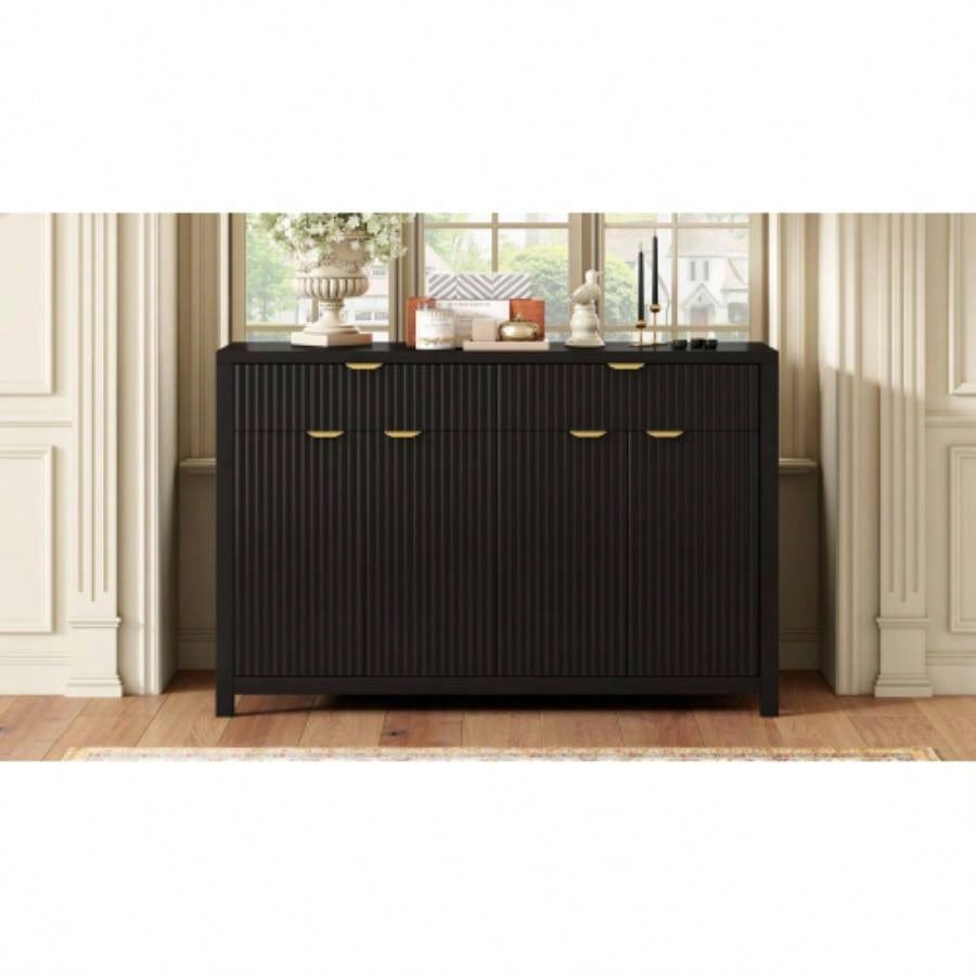 Modern Wave - Pattern Sideboard Cabinet with 2 Drawers and 4 Doors, 3 - Level Adjustable Shelves, Aluminum Handles, Scandinavian Style, 3 Colors, Suitable Entryway, Living Room, Foyer