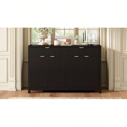 Modern Wave - Pattern Sideboard Cabinet with 2 Drawers and 4 Doors, 3 - Level Adjustable Shelves, Aluminum Handles, Scandinavian Style, 3 Colors, Suitable Entryway, Living Room, Foyer