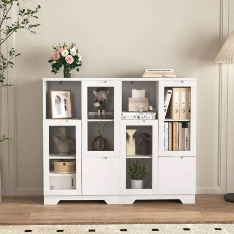 MDF painted Cabinet with Glass Doors and drawer, open storage space, White, Bedroom, Living room