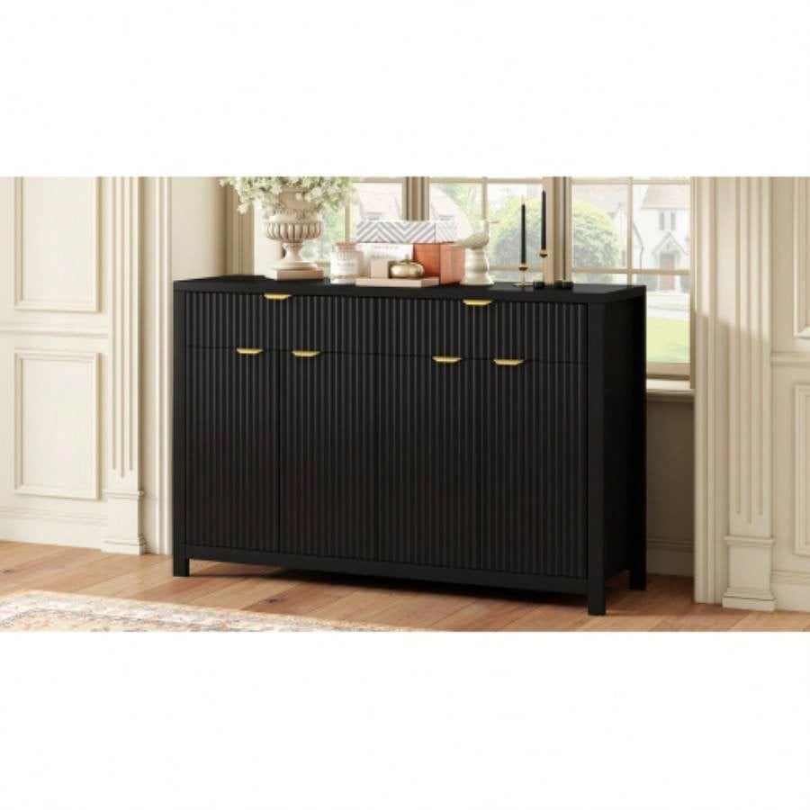 Modern Wave - Pattern Sideboard Cabinet with 2 Drawers and 4 Doors, 3 - Level Adjustable Shelves, Aluminum Handles, Scandinavian Style, 3 Colors, Suitable Entryway, Living Room, Foyer