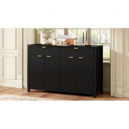 Modern Wave - Pattern Sideboard Cabinet with 2 Drawers and 4 Doors, 3 - Level Adjustable Shelves, Aluminum Handles, Scandinavian Style, 3 Colors, Suitable Entryway, Living Room, Foyer