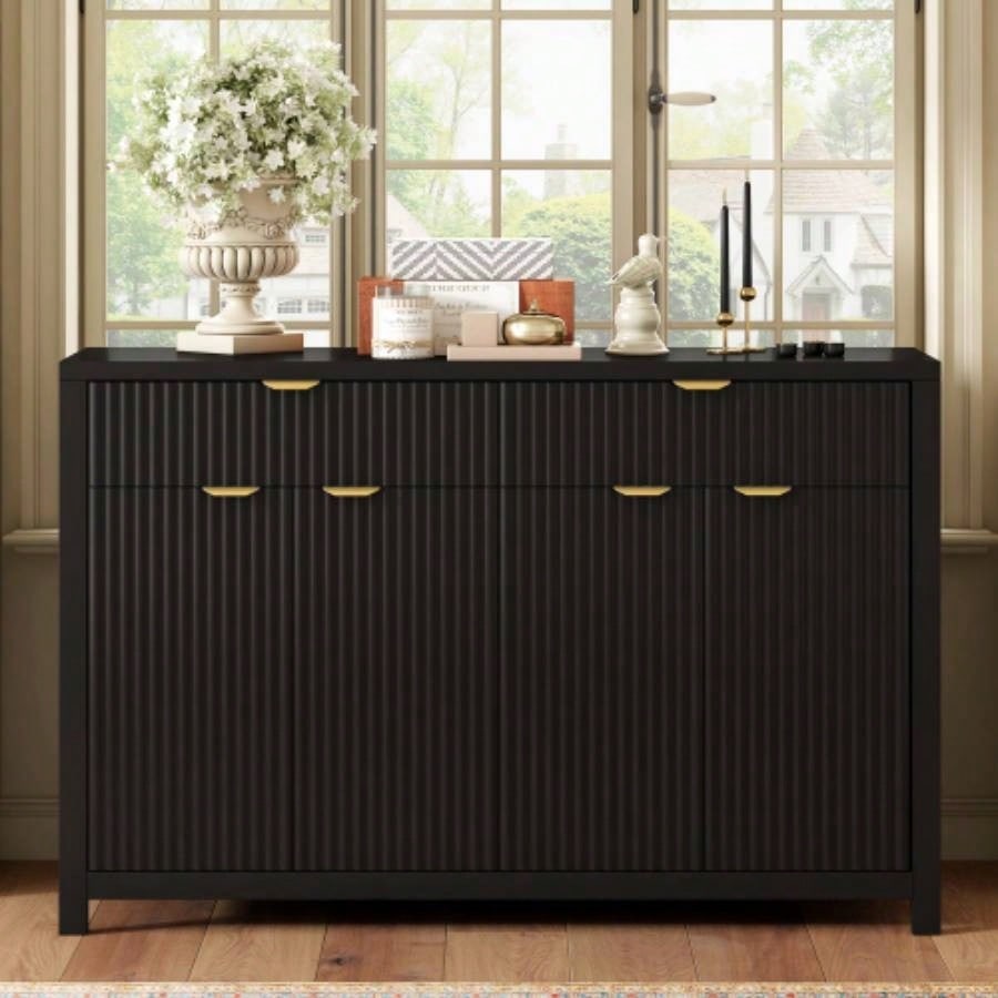 Modern Wave - Pattern Sideboard Cabinet with 2 Drawers and 4 Doors, 3 - Level Adjustable Shelves, Aluminum Handles, Scandinavian Style, 3 Colors, Suitable Entryway, Living Room, Foyer
