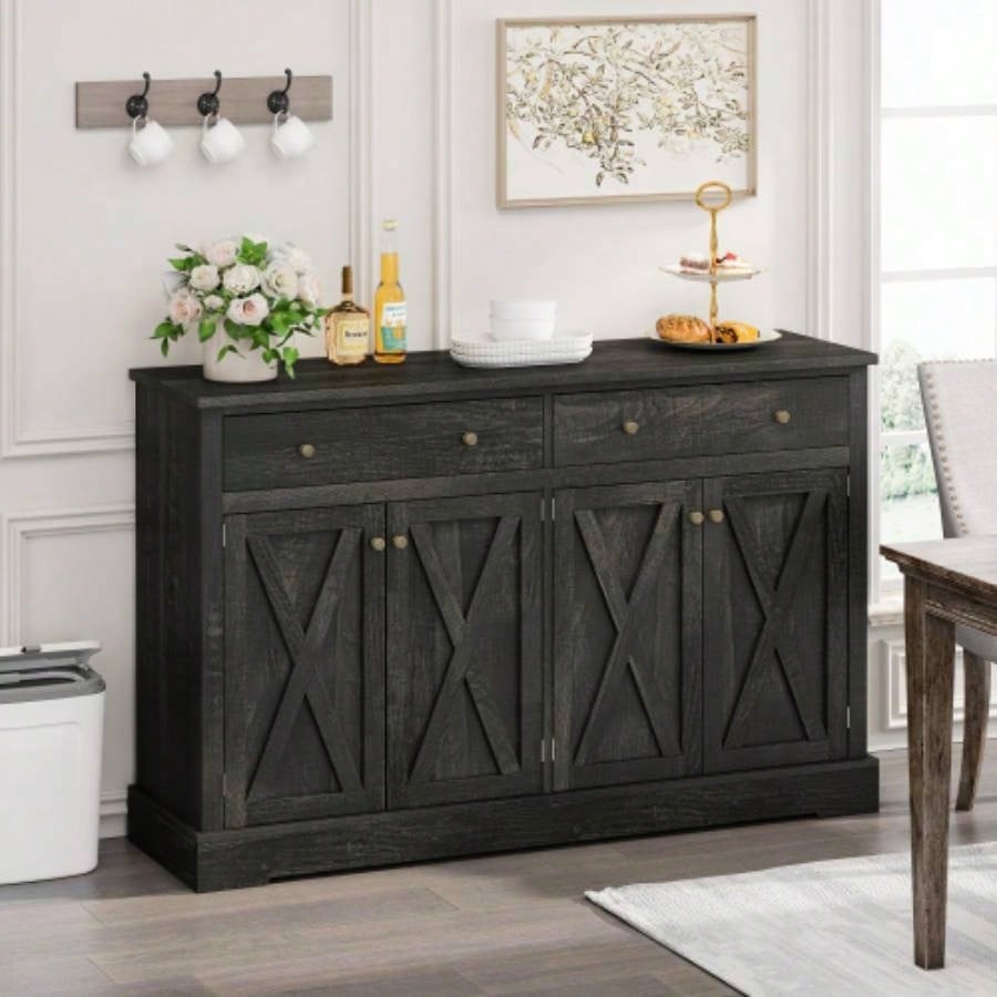 Vintage Black Brown Sideboard with Two Drawers and Four Doors Living Room, Bedroom, and Kitchen, Room Storage Cabinet, Black Brown