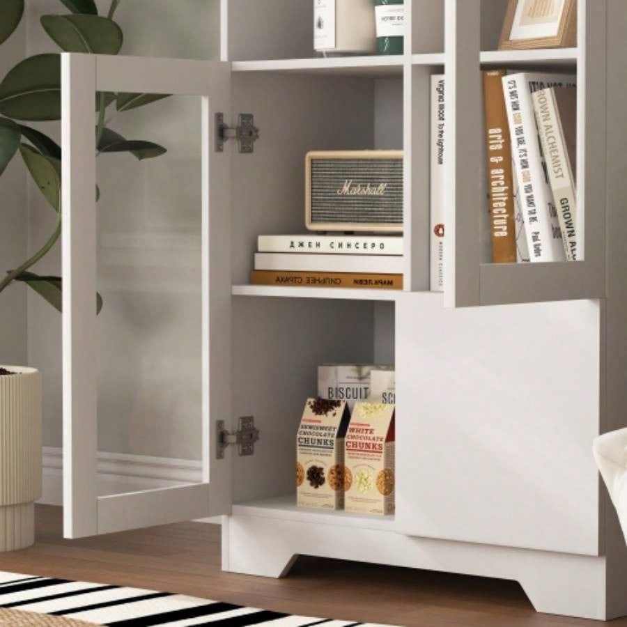 MDF painted Cabinet with Glass Doors and drawer, open storage space, White, Bedroom, Living room