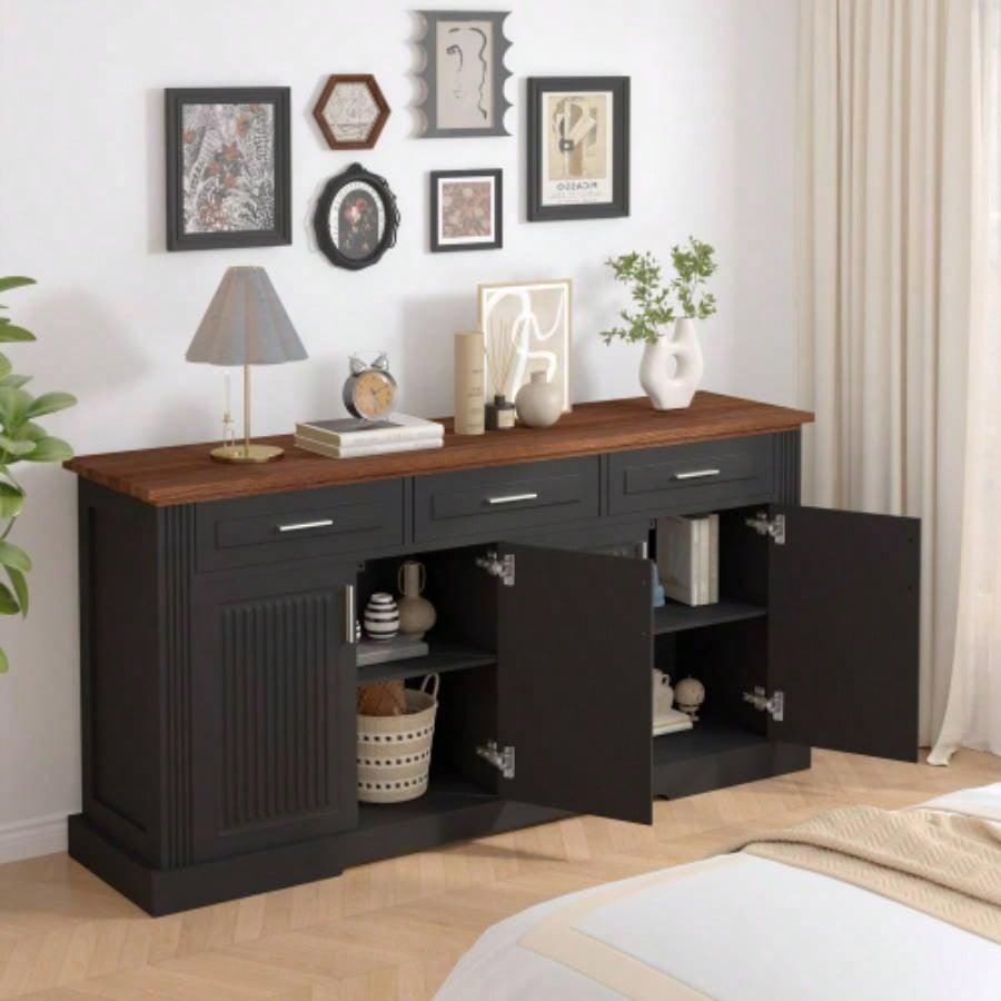 63 Fluted Sideboard Buffet Cabinet with Storage, Farmhouse Coffee Bar Station with 4 Doors and 3 Drawers, Wood Kitchen Storage Console Table Living Room Dining Room Entryway, Black