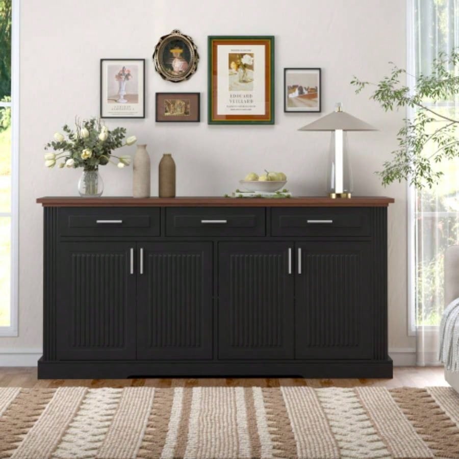 63 Fluted Sideboard Buffet Cabinet with Storage, Farmhouse Coffee Bar Station with 4 Doors and 3 Drawers, Wood Kitchen Storage Console Table Living Room Dining Room Entryway, Black